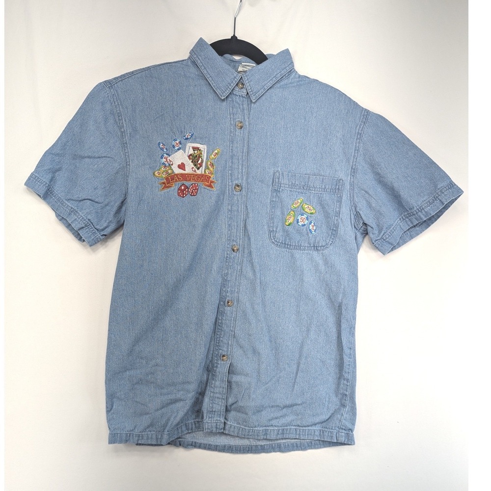 Bay Beauty Las Vegas Embroidered Denim Shirt Light Wash Cotton Short Sleeve L